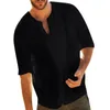 Men's T Shirts Men Casual Long Sleeve V Neck Slitting Hem T-Shirt Cotton Linen Loose Blouse Top