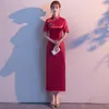 Etnische kleding Bourgondië Elegante korte mouw Long Cheongsam Lady Sexy Slim Chinese avondfeestjurk Exquise Button Trim Novate Qipao