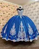 Lyx marinblå quinceanera klänningar sexiga spaghettirem spets applikationer söt 16 födelsedagsfest prom klänningar korsett tillbaka vestidos