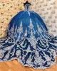 Luxe marineblauw Quinceanera -jurken sexy spaghetti banden kanten appliques zoet 16 verjaardagsfeestje prom jurken corset back vestidos