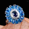 Cluster Rings Luxury Sunflower Inlaid Blue Cubic Glass Filledia Exquisite Large CZ Stone Party For Women Elegant Wedding Jewelry