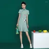 Etnik Giyim Yeşil Oryantal Elbise Kısa Cheongsam Çin Geleneksel Robe Vintage Femme Modern Kızlar Qipao 11835
