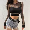 Kvinnors T-skjortor Sexig Black Hollow Out Mesh T-shirt Kvinnlig Skinny Crop Top 2023 Fashion Summer Basic Tops for Women Fishnet Shirt