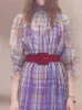 Casual Dresses Linda Della Fashion Designer Classic Woman Chic Retro Purple Plaid Dress French Fanthing Long Kjol midja nisch Temperamen