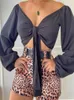 المسارات النسائية 2023 Summer Women Slim Sets Printing Top Top Top Long Lantern Sleeve Shorts Belt Ladies Outfit Hollow Out Out-Up