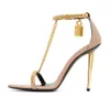 Summer Luxury Ford Gold Chain Link Sandals Shoes Ladlock Pointy Naked Women Bridal Wedding Curb-Chain Lady High-Heeled Party Wedding Gladiator Sandalias