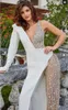 Unique White A Line Pants Formal Prom Dresses Sexy V Neck Long Sleeves Sparkly Beads Plus Size Birthday Party Gowns Robe De Soiree 2023