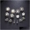 Stud Fashion Jewelry Vintage ￶rh￤ngen Set Heart Pearl Flower Pet Paw Cute 7Pairs/Set Drop Delivery Dhrbn