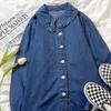 Chemisiers Vintage délavés pour femmes, col de poupée, bord bleu foncé, ample, décontracté, manches longues, chemise en Denim, automne