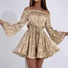 Casual klänningar kvinnor sexig midi klänning lång ärm från axel ruffle utskrift dra tillbaka kjol knopp för 2023 robe femme