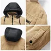 Men's Jackets Winter Corduroy Fleece Color Block Hooded Thermal Jacket Men's Fashion Multi-pocket Detachable Work Streetwear