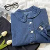 Blusas de mujer Vintage lavadas con borde azul oscuro cuello de muñeca camisa vaquera de manga larga informal holgada de otoño