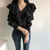 Women's T Shirts Korean Vintage Fashion Gentle Slim Women's V-ringning 2023 veckad t-shirt Ruffled Patchwork High midja blossad ärm topp