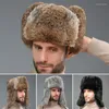 Berets Fur Cap Man Winter Furry Bomber Hat With Earflaps Outdoor Windproof Warm Earmuffs Male Flat Russian Ushanka