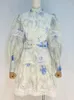 Casual Dresses Print Floral Short Dress Shirt Female Stand Collar Lantern långärmad boll spetshöst för kvinnor 2023 Runway Celebrity