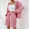 Ruos femininos Treno THORN Árvore Mulheres 2pcs Roupas Conjuntos de colarinho de colarinho de gola com zíper frontal Tops fora de roupa com shorts de bolso solto