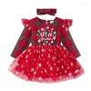 Girl Dresses Born Baby Girls Christmas Tulle Patchwork Dress Long Sleeve Ruffle Plaid Letter Print With Headband Children's Clothing