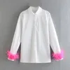 Women's Blouses 2023 Casual White Cotton Shirt Women Hand Colorful Feathers Vintage Straight Long Streetwear OL Chic Freely Matched Tops