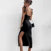 Vestidos casuais tiras de arco de moda vestido de verão sexy mulheres sem costas midi 2023 preto elegante mangas split feminino feminino manto