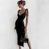 Casual Dresses Fashion Bow Rems Sexig Summer Dress Women Backless Midi 2023 Svart Elegant ärmlös Split Women's Party Robe