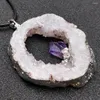 Pendant Necklaces Natural Crystal Agate Quartz Geode Slice With Amethyst Inlaid Silver Plated Edge Sweater Chain Hollow Necklace For Women