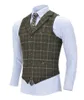 Men's Vests Tweed Mens Business Plaid Wool Army Green Vest Slim Fit Single-breasted Cotton Suit Waistcoat For Wedding Groomsmen