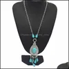 Pendant Necklaces Turquoise Necklace Retro Patterns Carved Drop Sweater Chain Peacock Tail Pattern Moon Delivery Jewelry Pendants Dhxp8