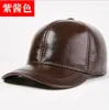 Berets Men Real Cowhide Leather Earlap Caps Male Fall Winter Cow Hats Casual Outdoor Baseball Brown