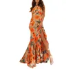 Casual Dresses Ly Evening Party Dress Summer Floral Printed Lady Cross Lacing Slit Sexy Hollow Beach Slim Prom Robe Vestido Estilo Sirena