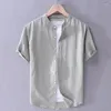 Men's Casual Shirts Men's Cotton Linen Short Sleeve Shirt Stand Collar Plain Literary Men