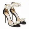 Summer Pearl Rhinestone Embellished Sandals Women's High Heels White Black Pink Nude Leather Lace Up Perfect Party Wedding Sandal EU35-43