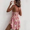 Casual Dresses Combhasaki Womens Summer Sleeveless Dress Spaghetti Strap Floral Mönster Deep V-Neck Backless Mini Short A-Line Beach