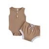 Kledingsets Lioraitiin 0-24m geboren baby Baby Boy Girl geribbeld Romper Suit mouwloze ronde nek elastische hoofdshorts met knoop