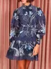 Casual Dresses Print Floral Short Dress Shirt Female Stand Collar Lantern långärmad boll spetshöst för kvinnor 2023 Runway Celebrity