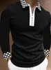 Polos para hombre 2023 Otoño e Invierno moda a cuadros holgados Patchwork hombres Polos Casual cuello vuelto diseño de cremallera camisetas de manga larga