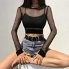 Kvinnors T-skjortor Sexig Black Hollow Out Mesh T-shirt Kvinnlig Skinny Crop Top 2023 Fashion Summer Basic Tops for Women Fishnet Shirt