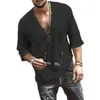 Men's T Shirts Fashion Hippie Linen Shirt Casual Middle Sleeve V Neck Summer Beach Loose Tee Tops Solid Color 2023