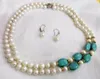 Necklace Earrings Set Women Jewelry 8-9mm Bright Green Stone WHITE Pearl 2 ROWS Dangle Hook Earring Natural Freshwater