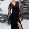 Casual Dresses Winter Elegant Prom Sexig Slim V Neck spets Velvet Black Robe de Soire Mariage Mother Vestidos Mid Length Slit Gown klänning
