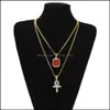 Pendant Necklaces Gold Chains Pretty Egyptian Ankh With Red Ruby Cross Necklace Set Men Bling Hip Hop Jewelry Drop Delivery Pendants Dhqbo