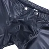 Underpants Sexy Men's Low Waisted Faux Leather Boxer Shorts Press Button With Bulge Pouch Men Lingerie Slim Cut Underwear