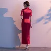 Abbigliamento etnico Borgogna Elegante manica corta Lungo Cheongsam Lady Sexy Slim Abito da sera cinese Squisito Bottone Trim Novità Qipao