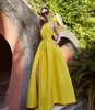 Sukienki imprezowe żółte satyny 2023 Moda libańska sukienka wieczorowa długa szarpnięcie marszczenie aplikacji Backless A-Line Prom Vestidos de Galaparty