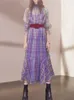 Casual Dresses Linda Della Fashion Designer Classic Woman Chic Retro Purple Plaid Dress French Fanthing Long Kjol midja nisch Temperamen