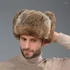 Berets Real Fur Hats For Men 2023 Thick Warm Winter Bomber Rassian Cap Old Man Ushanka Snow Gift Dad