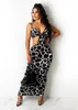 Vestidos casuais senhoras sexy leopard snakespin suspenders em v vestido halter hollow hollow party club dress right encapacating slim long