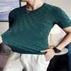 Erkek tişörtler İngiliz tarzı yaz erkekler yuvarlak boyun işlemeli t-shirt streç ekose ince fit kısa kollu örgü süveter tişört üst homme s-3xl