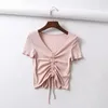 Women's Tanks Sexy V Neck Cropped Tank Tops Women Drawstring Tie Up Front Camis Candy Colors Streetwear Slim Fit Ribbed Crop Top 2023