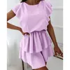 Vestidos casuais cor de cor de cor de linear de cor sólida Design de babados decoração O-pescoço o-com-gola sem mangas da cintura Mulher feminina feminina verão