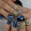 Falsas unhas de metal curto projetado em metal 3d Dicas de unhas falsas quadradas strass shinestone Art Product Product Blue Acrylic Press